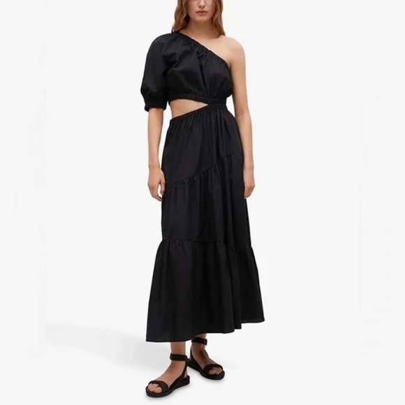 Mango Asymmetric One Shoulder Tiered Maxi Dress Black Medium M - Picture 1 of 6